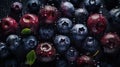 Fresh ripe bilberries with water drops background. Berries backdrop. Generative AI