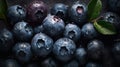 Fresh ripe bilberries with water drops background. Berries backdrop. Generative AI