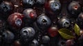 Fresh ripe bilberries with water drops background. Berries backdrop. Generative AI