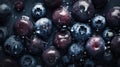 Fresh ripe bilberries with water drops background. Berries backdrop. Generative AI