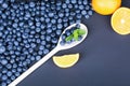 Fresh and ripe blueberries in a wooden spoon. A heap of organic berries and juicy citrus on a dark blue background. Royalty Free Stock Photo