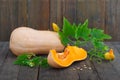 Fresh, ripe butternut pumpkin on wooden background.