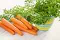 Fresh ripe carrot root vegetables with leaves on wooden white table Royalty Free Stock Photo