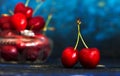 Fresh ripe cherries  close up pover green back Royalty Free Stock Photo