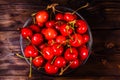 Fresh ripe cherries in glass bowl on wooden table. Top view Royalty Free Stock Photo