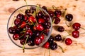 Fresh ripe cherries in glass bowl on wooden table. Top view Royalty Free Stock Photo