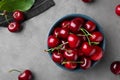 Fresh ripe cherries on grey table, flat lay Royalty Free Stock Photo