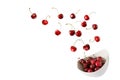 Fresh  ripe cherry berries falling into bowl isolated on white background Royalty Free Stock Photo