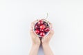 Fresh ripe cherry in a bowl with woman hands Royalty Free Stock Photo