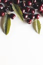 Fresh ripe cherry with green leaves on the white wooden background. Top view, copy space Royalty Free Stock Photo