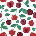 Fresh ripe cherry with stems and leaves hand drawn seamless pattern. Red edible sweet berries vector flat textured Royalty Free Stock Photo