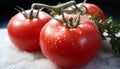 Fresh, ripe cherry tomatoes drop on wet, green leaf generated by AI Royalty Free Stock Photo