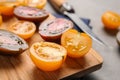 Fresh ripe cherry tomatoes on wooden board, closeup Royalty Free Stock Photo