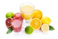 Fresh ripe citruses and juice. Lemons, limes and oranges