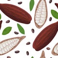 Fresh ripe Cocoa fruit seamless pattern vector. Cacao pod leaves and beans. Chocolate color