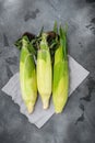 Fresh ripe corn cobs, on gray stone table background, top view flat lay Royalty Free Stock Photo