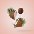 Fresh ripe cracked coconut with palm leaves on pastel pink background. Minimal summer concept Royalty Free Stock Photo