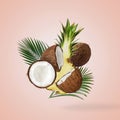 Fresh ripe cracked coconut with palm leaves on pastel pink background. Minimal summer concept Royalty Free Stock Photo