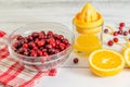 Fresh ripe cranberries in a bowl, oranges, and fresh squeezed orange juice close-up. Cranberry sauce recipe