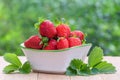 Fresh ripe delicious strawberries in a bowl on a wooden table outdoors Royalty Free Stock Photo