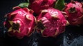 Fresh ripe dragon fruits with water drops background. Fruits backdrop. Generative AI Royalty Free Stock Photo