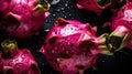 Fresh ripe dragon fruits with water drops background. Fruits backdrop. Generative AI Royalty Free Stock Photo