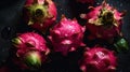 Fresh ripe dragon fruits with water drops background. Fruits backdrop. Generative AI Royalty Free Stock Photo