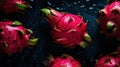 Fresh ripe dragon fruits with water drops background. Fruits backdrop. Generative AI Royalty Free Stock Photo