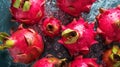 Fresh ripe dragon fruits with water drops background. Fruits backdrop. Generative AI Royalty Free Stock Photo