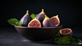 fresh ripe figs in a bowl closeup on a dark background. generative ai Royalty Free Stock Photo