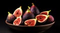 fresh ripe figs in a bowl closeup on a dark background. generative ai Royalty Free Stock Photo