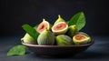 fresh ripe figs in a bowl closeup on a dark background. generative ai Royalty Free Stock Photo