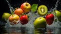 Fresh ripe fruit and strawberry, water drops, splash apple advertising water advertising Royalty Free Stock Photo