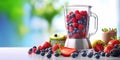 Fresh ripe fruits and berries for healthy breakfast drink with blender mixer on light kitchen table.Macro.AI Generative Royalty Free Stock Photo