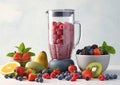 Fresh ripe fruits and berries for healthy breakfast drink with blender mixer on light kitchen table.Macro.AI Generative Royalty Free Stock Photo