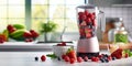 Fresh ripe fruits and berries for healthy breakfast drink with blender mixer on light kitchen table.Macro.AI Generative Royalty Free Stock Photo