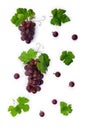 Fresh ripe grapes (Vitis vinifera) with green leaves on a white background. Top view, flat lay Royalty Free Stock Photo