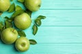 Fresh ripe green apples with water drops on turquoise wooden table, flat lay. Space for text Royalty Free Stock Photo