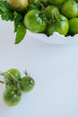Fresh ripe green garden tomatoes in white ceramic bowl, white background Royalty Free Stock Photo
