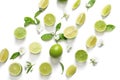 Fresh ripe green limes on white background, top view