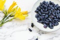 Fresh ripe honeysuckle berries in a ceramic bowl Royalty Free Stock Photo