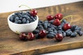 Fresh ripe honeysuckle berries and cherry in a ceramic bowl on a wooden board. Healthy breakfast. White bowl of honeysuckle. Royalty Free Stock Photo