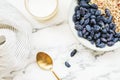 Fresh ripe honeysuckle berries and muesli in a ceramic bowl Royalty Free Stock Photo