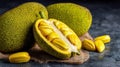 Fresh ripe jackfruit with open yellow pods, exotic tropical fruit on rustic surface Royalty Free Stock Photo
