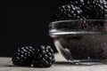 Fresh Ripe Juicy Blackberries in a plate on black background