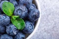 Fresh ripe and juicy blueberries with drops of water. White bowl. Mint leaf. Macro photo Royalty Free Stock Photo