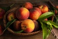 Fresh ripe juicy peaches on wooden table, closeup Royalty Free Stock Photo
