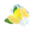 Fresh ripe lemon, mint and splashing water on white background Royalty Free Stock Photo