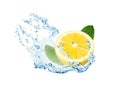 Fresh ripe lemon, mint and splashing water on white background Royalty Free Stock Photo