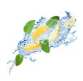 Fresh ripe lemon, mint and splashing water on white background Royalty Free Stock Photo